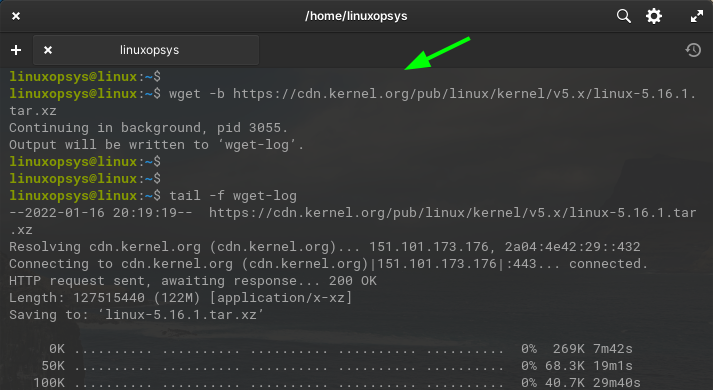 wget to download file in background so that can use terminal for other activities or close it