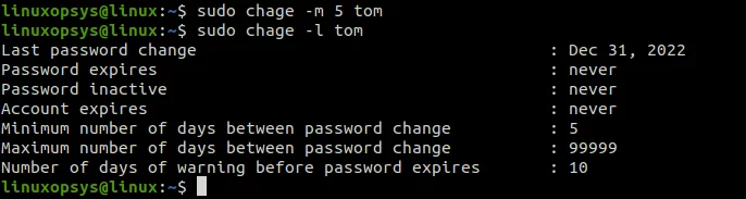 minimum number of 5 days between password changes