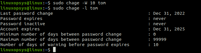 set password expire warning