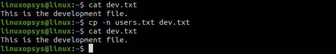 cp -n avoid overwriting the content of file users.txt to dev.txt