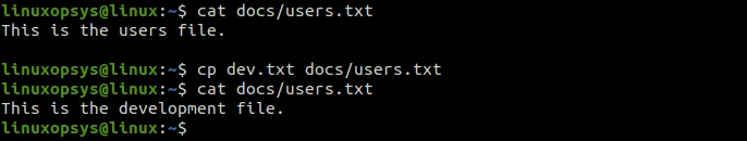 copy file contents of dev.txt to a file named users.txt in docs directory