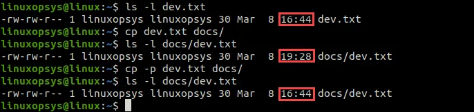 copy dev.txt to docs directory by preserving timestamp and ownership