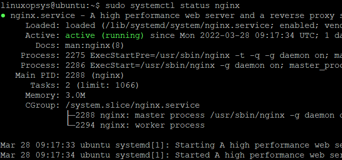 nginx status showing active running