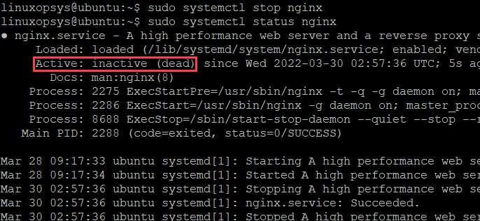 nginx stopped showing inactive dead