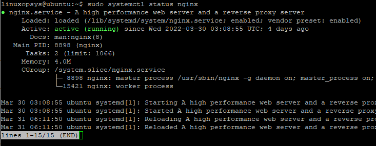 checking nginx status using systemctl command