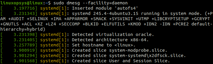 dmesg showing specific facility name daemon