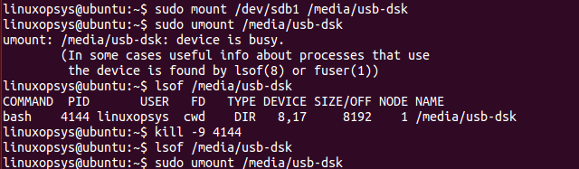umount device is busy fixing using lsof and kill command