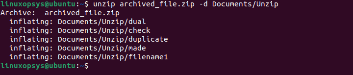 unzip extract to a directory 