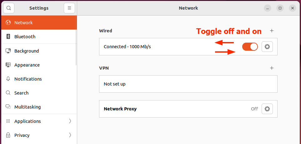 Toggle button to restart networking