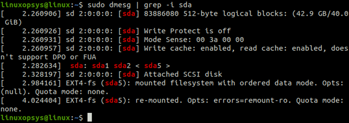 using dmesg check disk drive sda related messages