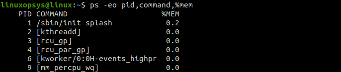 Display specific columns such as pid, command, %mem