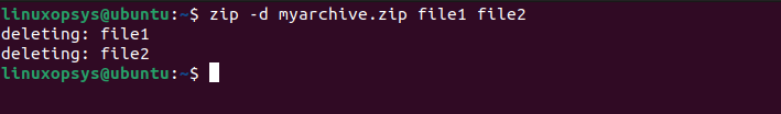 remove files named file1 and file2 from the myarchive.zip zip file