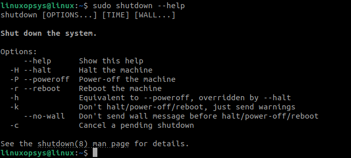 Linux shutdown help command
