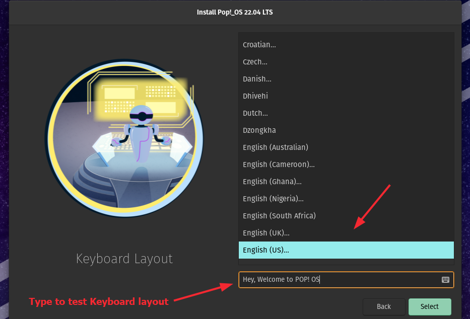 Select keyboard layout language