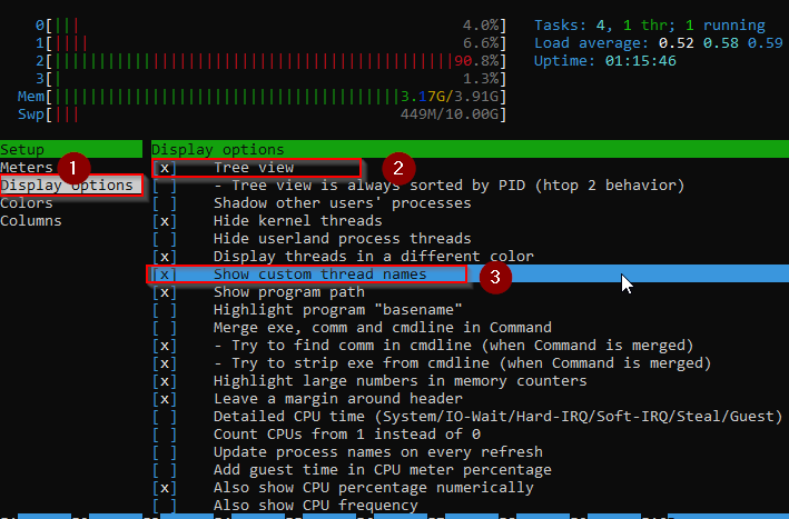 set up htop to show threads