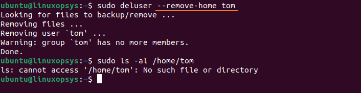 delete user and home directory using deluser command