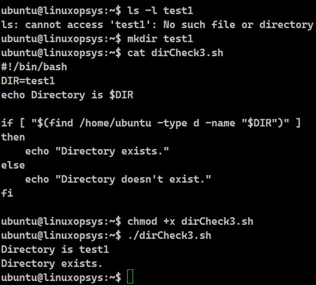 check directory exists using find command