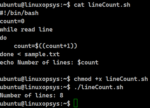 using a while loop to count number of lines  in a file
