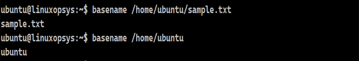 The output of 'basename /home/ubuntu/sample.txt' command is 'sample.txt and The output of 'basename /home/ubuntu' command is 'ubuntu'