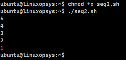 showcases the usage of the seq command in reverse order within a Bash script