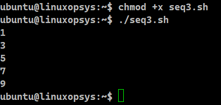 uses a for loop and the seq command to display the odd numbers from 1 to 9.