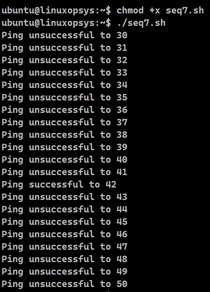 series of messages indicating whether the ping was successful or unsuccessful for each IP address in the range of 30 to 50,