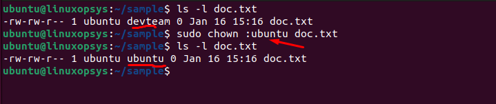 change group to "ubuntu" for file doc.txt
