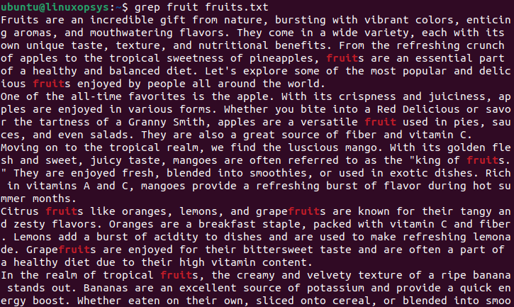 The grep command searched for the word 'fruit' in the 'fruits.txt' file