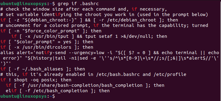 The grep command searched for the occurrences of the word 'if' in the .bashrc file