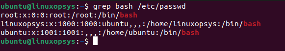 The grep command searched for the word 'bash' in the '/etc/passwd' file