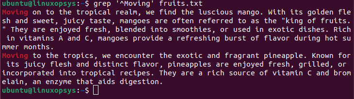 grep anchor matching searched for lines in the 'fruits.txt' file that start with the word 'Moving'
