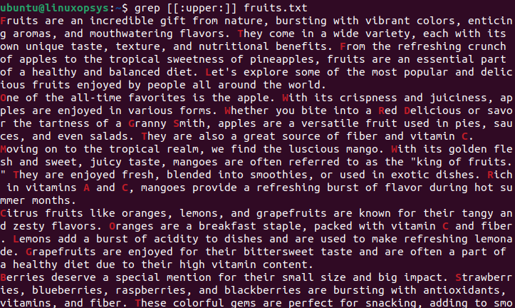 Using regex Character Classes grep command searched for uppercase letters in the 'fruits.txt' file