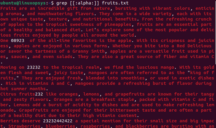 Using regex character classes the grep command results of the search for alphabetic characters in the 'fruits.txt' file