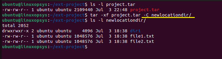 extract .tar archive file to a specific directory