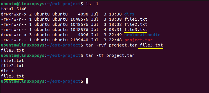 Adding contents to existing tar file