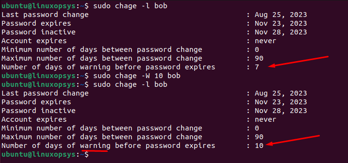 set password warning notifications using chage -W