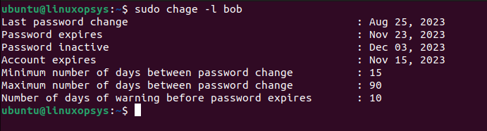 list password aging information using chage -l